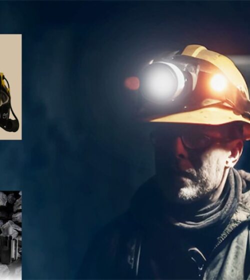 Wisdom cap lamp mounted on hard hat for mining use in Australia